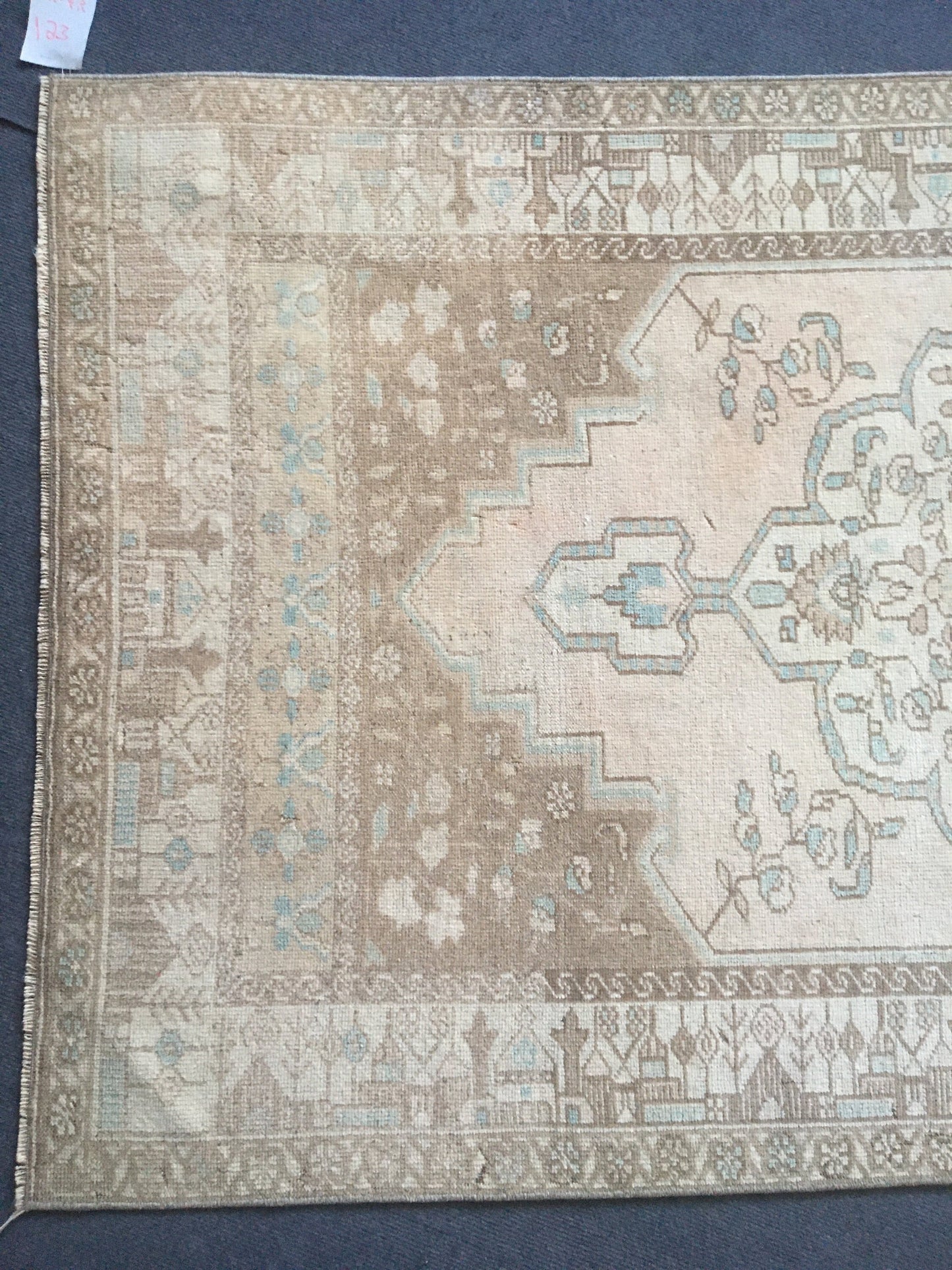 3.4x6.5 ft natural wool rug, faded vintage turkish rug, oushak brown kitchen rug, anatolian bohemian living room rug, blue handmade area rug