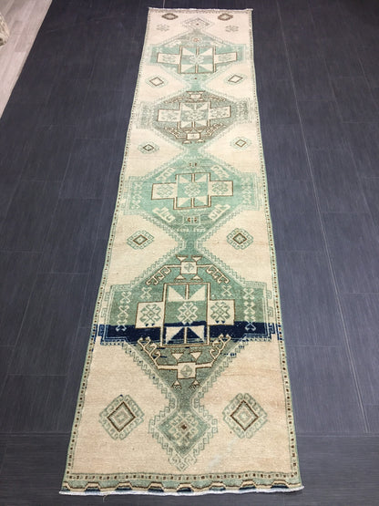 Vintage Hand Made Runner 2.7 x 11.6 Muted Runner Rug Turkish Runner Rug Muted Persian Runner Rug Vintage Rug Oriental Runner Rug Green