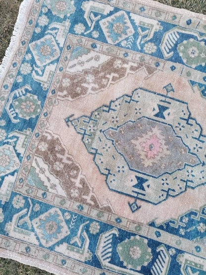 Turkish runner rug 4'7x12'4  blue runner rug,vintage oushak runner rug,kitchen runner rug,hallway runner rug,vintage runner rug
