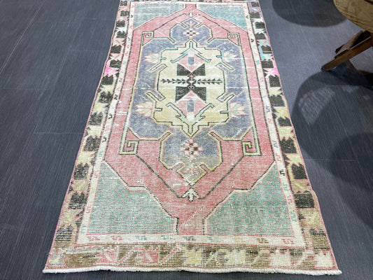 Turkish Rug, Hand Knotted Rug, 2.7 x 5 Living Room Rug, Bathroom Rug, Vanity Rug, Vintage Oushak Rug, Wool Vintage Rugs, Distressed Rug