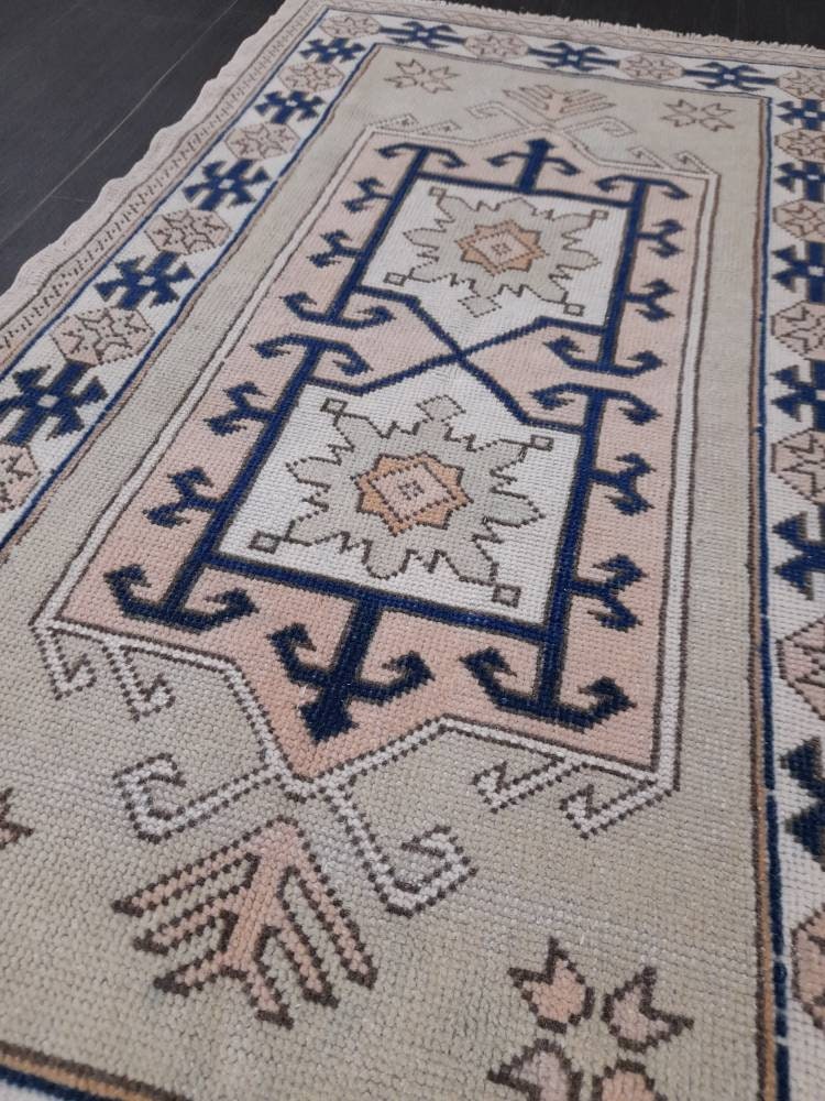 Vintage Turkish Rug, 2.8 x 4.8 Oushak Rug, Wool Oriental Rug, Blue Vintage Persian Rug, Hand Made Rug Vintage Wool Rug
