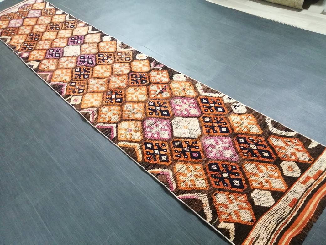 Vintage Runner Rug 2.6 x 13.6 Turkish runner rug , Medium Wool Pile Runner , Brown Oushak rug, Hallway Rug runner , Earth Tones Runner Rug