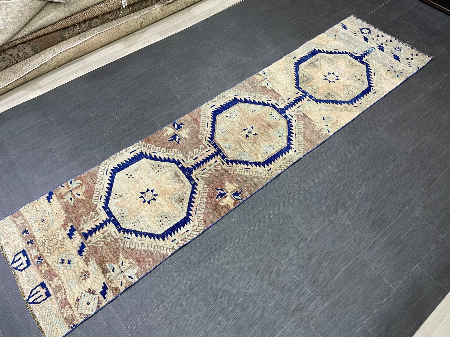 Muted Vintage Runner Rug 2.8 x 11.4 Muted Turkish Runner Star Rug Navy Oushak Runner Rug Hallway Runner Kitchen Runner Rug Wool Runner