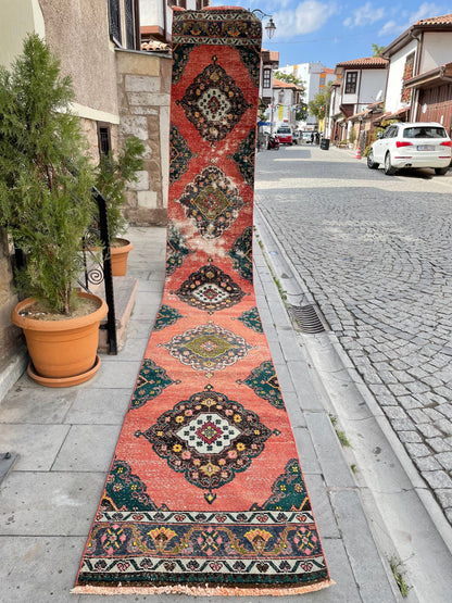 Staircase Runner Rug 2.5 x 16.4 Extra Long Wool TURKISH Runner Rug Handmade Runner Rug VINTAGE Runner Hand Knotted Runner Distressed rug
