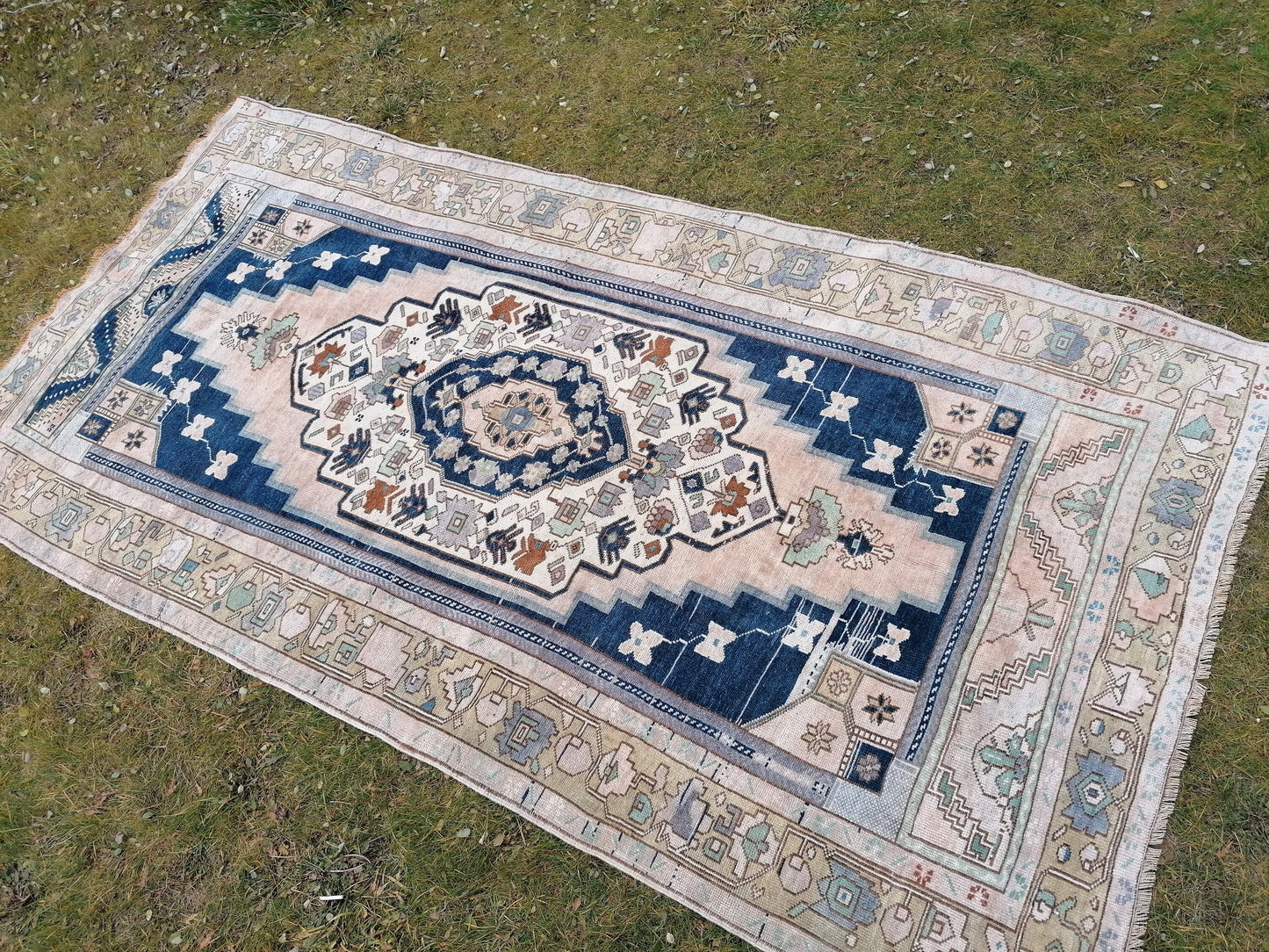 Turkish oushak rug, blue vintage rug 5'2x10 vintage oushak rug, unique hand made rug kitchen rug bohemian rug