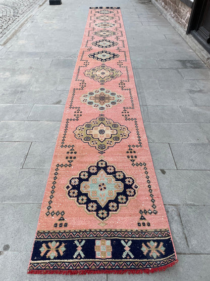 Handmade Extra Long Turkish Runner Very Long Oushak Runner Rug 2.6 x 20.4 Vintage Runner Rug Pink XL Oriental Runner Rug Staircase Runner