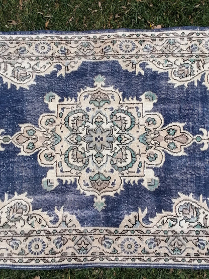 3'10x7 blue  rug, turkısh wool rug, oushak vintage rug, kıtchen rug area rug