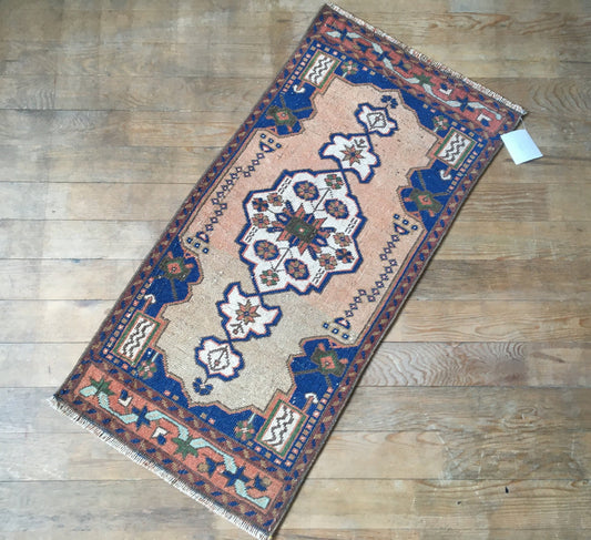 2x3 feet blue muted vintage turkish bath mat, handmade pink kitchen floor small rug, etnique wool anatolian mini rug,tiny small entryway rug