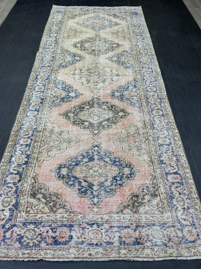 Vintage Runner Rug 4.8 x 11.8 Muted Turkish Runner Rug Hand Made Runner Rug Vintage Runner Rug Hallway Runner Rug Distressed Runner