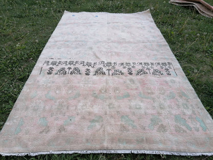 Turkish vıntage rug, oushak vintage rug 4'4x7'4 anatolian vıntage rug,wool rug