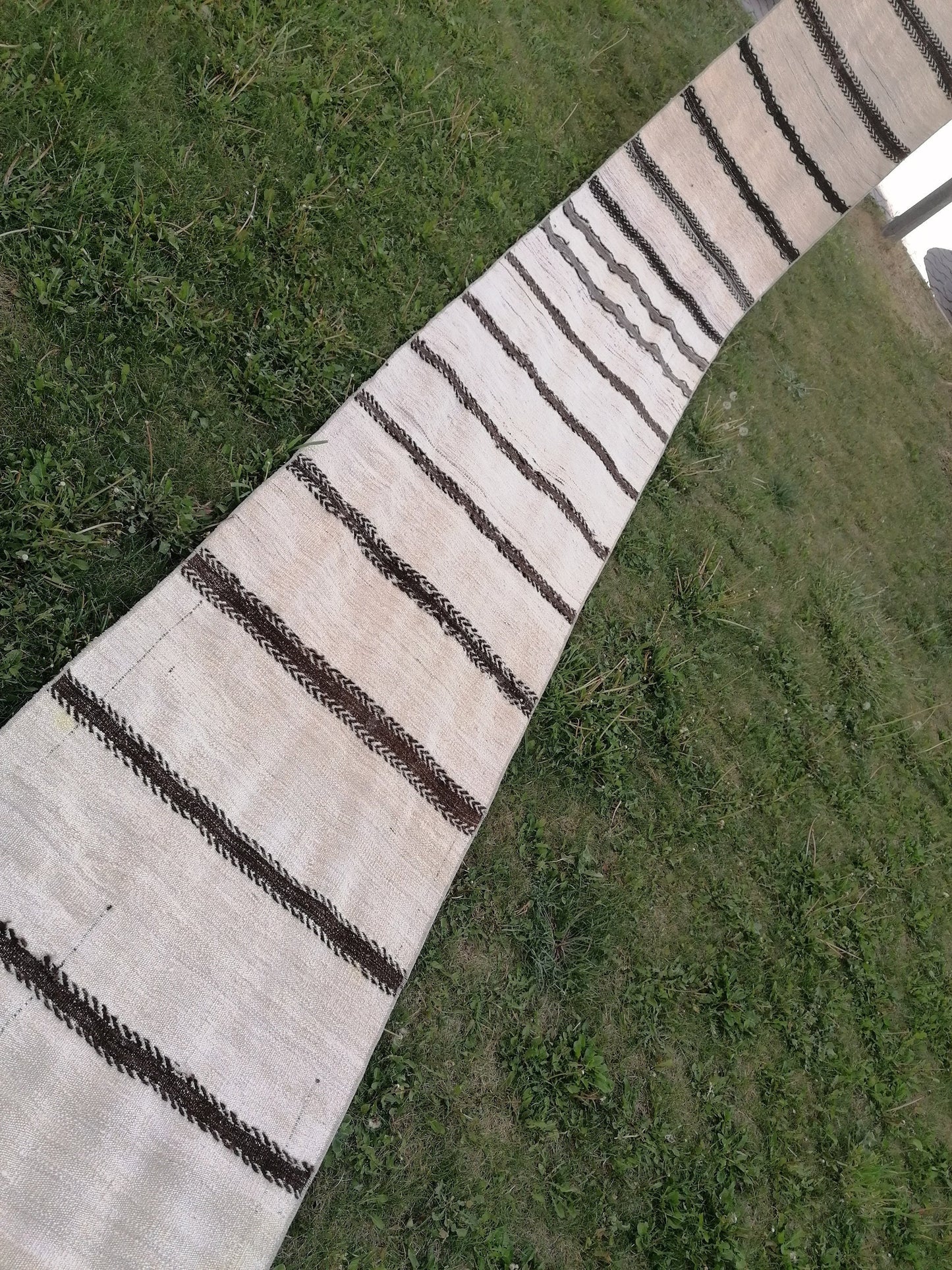 2.6 x 33 Neutral extra long runner rug, flatweave kilim runner, stripe handmade runner rug, turkish woven runner, no dye runner rug