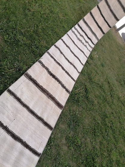 2.6 x 33 Neutral extra long runner rug, flatweave kilim runner, stripe handmade runner rug, turkish woven runner, no dye runner rug