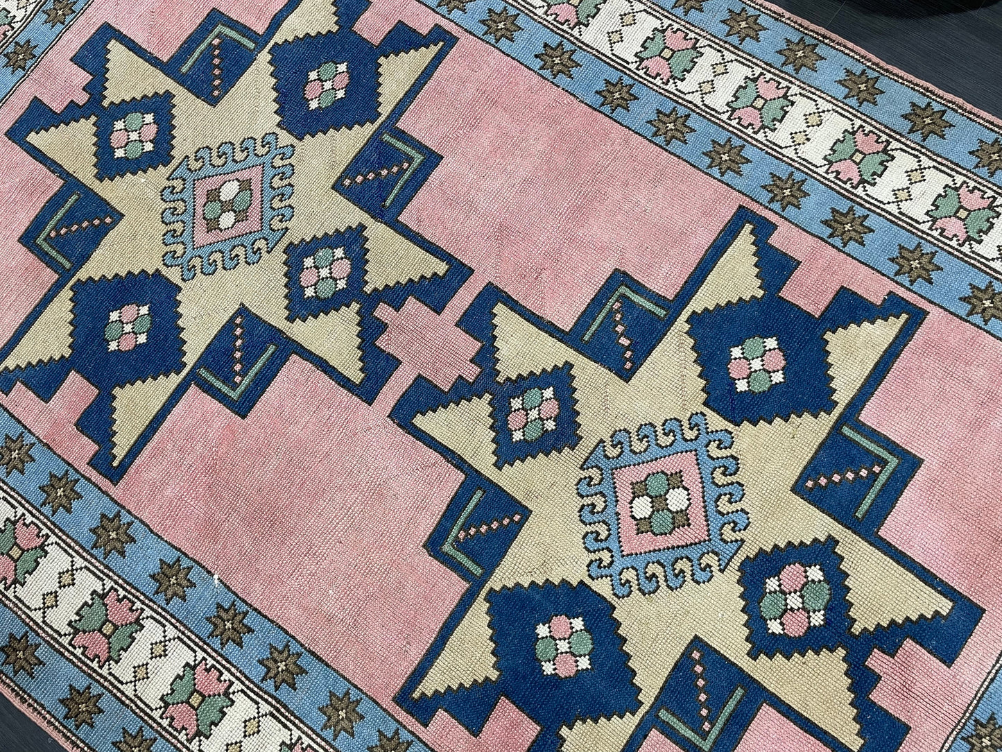 Wool OUSHAK RUG TURKISH 6.6 x 10 Rug  Vintage Oriental Rug Vintage Handmade Rug Wool Vintage Pink and Blue Rug Hand Knotted Rug
