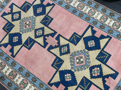 Wool OUSHAK RUG TURKISH 6.6 x 10 Rug  Vintage Oriental Rug Vintage Handmade Rug Wool Vintage Pink and Blue Rug Hand Knotted Rug