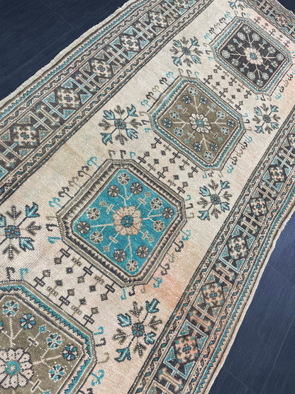 Vintage Runner Rug 4.6 x 12.6 Muted TURKISH Muted Runner Rug Vintage Oushak Runner Rug Long Runner Rug Wool Oriental Runner Handmade Runner