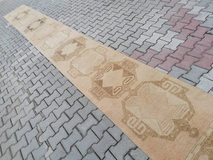 21'4x2'7 long handmade wool runner, neutral oushak runner rug,hallway vintage runner rug,