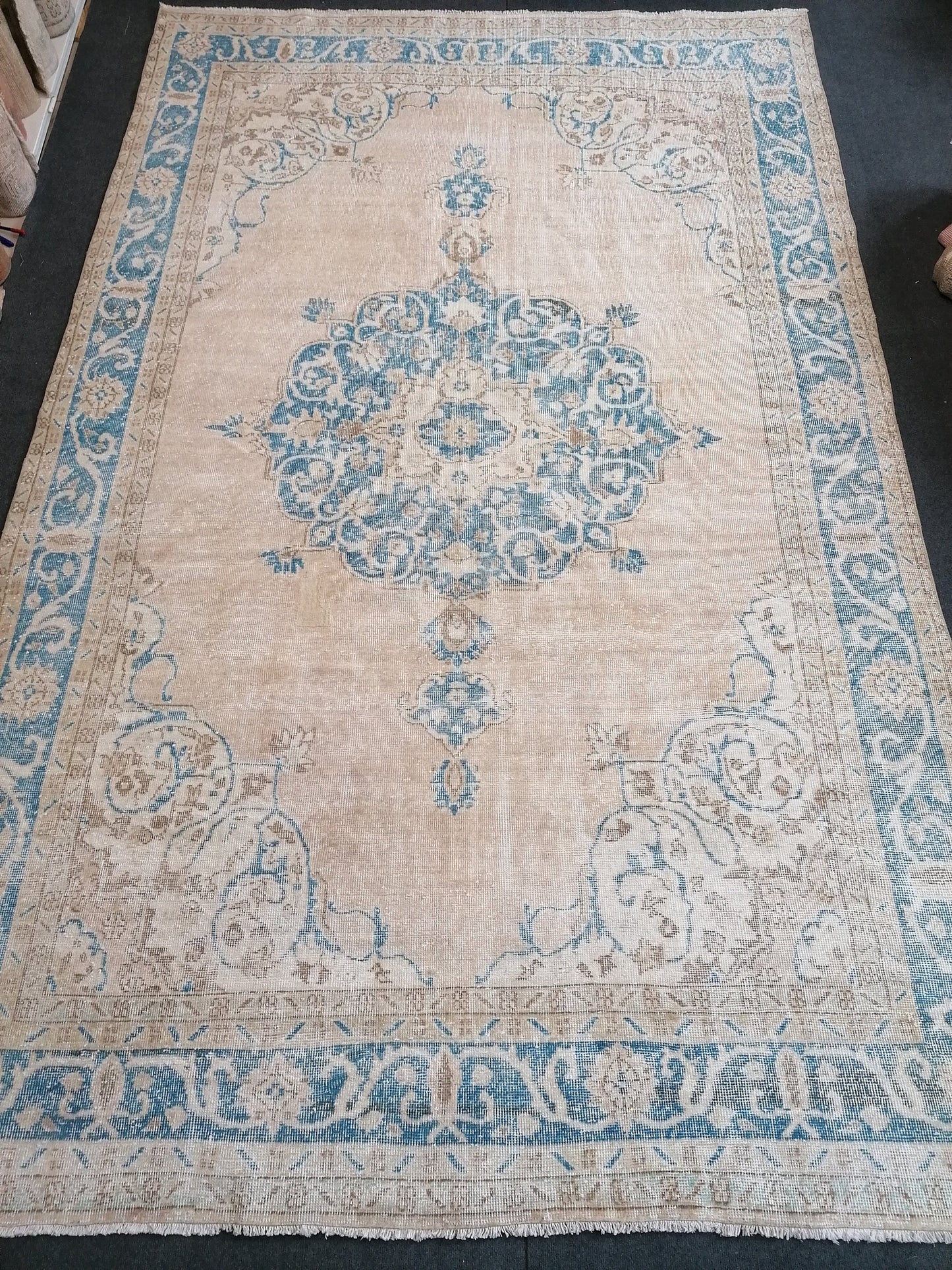 7 x 11 feet, oushak turkish rug, blue hand knotted rug, vintage anatolian rug,unique handmade rug,bohemian rug
