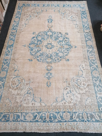 7 x 11 feet, oushak turkish rug, blue hand knotted rug, vintage anatolian rug,unique handmade rug,bohemian rug