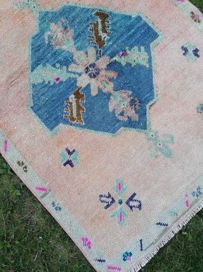 Vintage  blue runner, oushak wool runner 3x10'4 hallway green runner, turkish runner rug, entery runner, kitchen runner