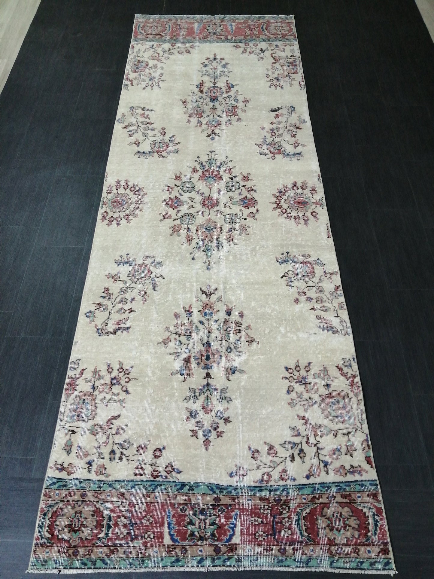 Distressed OUSHAK RUG 11.6 x 3.8 Muted Vintage  Runner Rug Vintage Runner Rug Wool Oushak Rug Vintage Turkish  Runner Rug