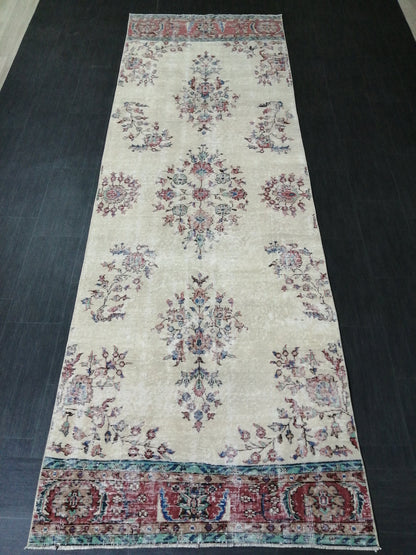 Distressed OUSHAK RUG 11.6 x 3.8 Muted Vintage  Runner Rug Vintage Runner Rug Wool Oushak Rug Vintage Turkish  Runner Rug
