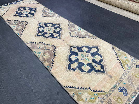 Vintage Runner 3.2 x 10.6 TURKISH Muted Runner Rug Vintage Oushak Runner Rug Navy Runner Rug Wool Oriental Runner Antique Runner Rug