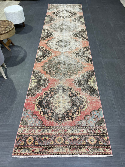 Turkish Distressed Runner Rug, Persian Runner 3 x 12 Rug, Vintage Runner Rug, Hallway Runner Rug,  Kitchen Runner Rug, Wool Runner Rug