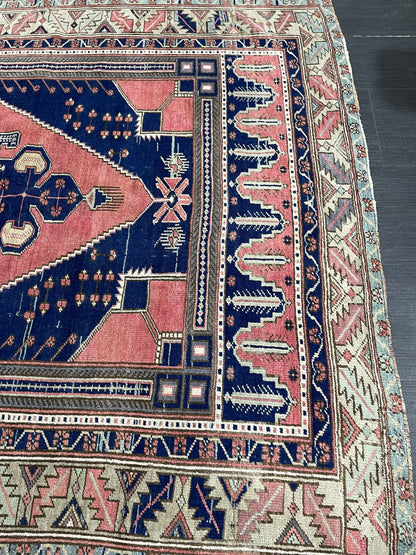 Wool OUSHAK RUG TURKISH 4.7 x 9.6 Rug Muted Pink and Navy Rug Vintage Oriental Rug Vintage Hand Made Rug Wool Vintage Oushak Rug 5x10