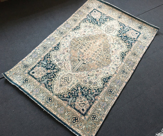 4x6 feet vintage persian rug, handmade medium size blue floor rug, floral motif beige faded color kitchen area rug, living room middle rugs