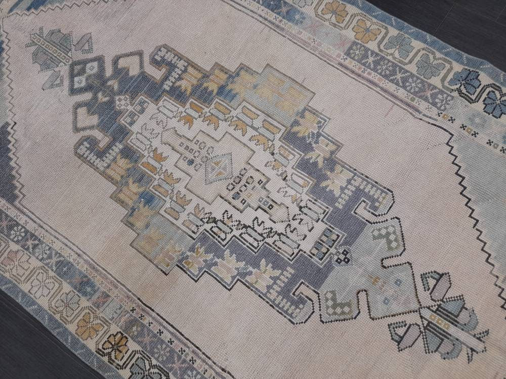 Vintage RUG 4.2 x 5 Turkish Oushak Rug Antique Rug Vintage Blue Wool Muted Oriental Rug Hand Made Rug Hand Knotted Turkish Rug Oriental Fun