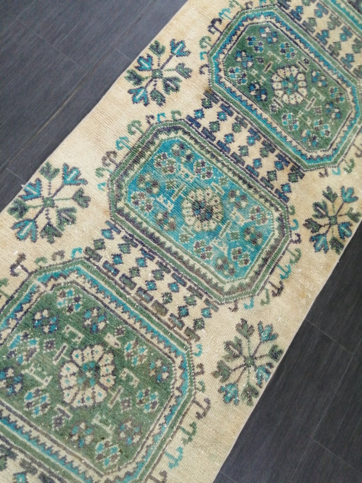 Green Blue Beige Oushak Runner Rug 11.8 x 2.8 Turkish Runner Rug Vintage Runner Rug 3x12 Hallway Runner Rug Kitchen Runner Rug Wool Runner