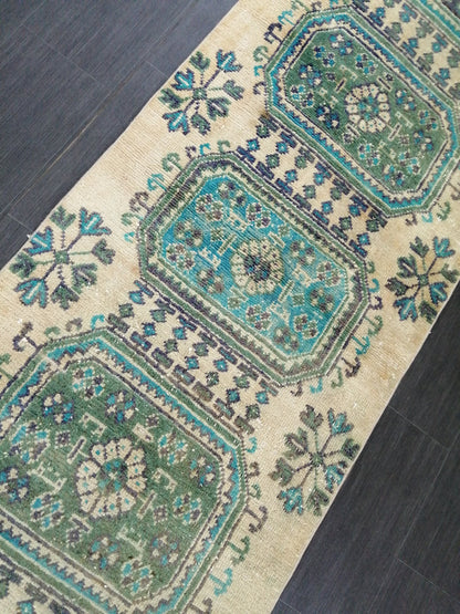 Green Blue Beige Oushak Runner Rug 11.8 x 2.8 Turkish Runner Rug Vintage Runner Rug 3x12 Hallway Runner Rug Kitchen Runner Rug Wool Runner