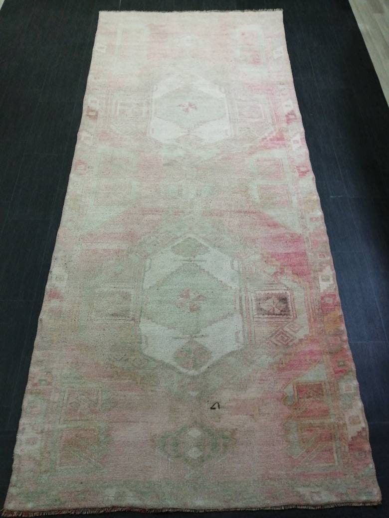 Vintage Runner 4.7 x 11.4 TURKISH Muted Runner Rug Vintage Oushak Runner Rug Light Pink Runner Rug Wool Oriental Runner Antique Runner Rug
