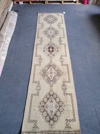 Oushak runner rug, earth tone runner rug, 2'6x10 ft