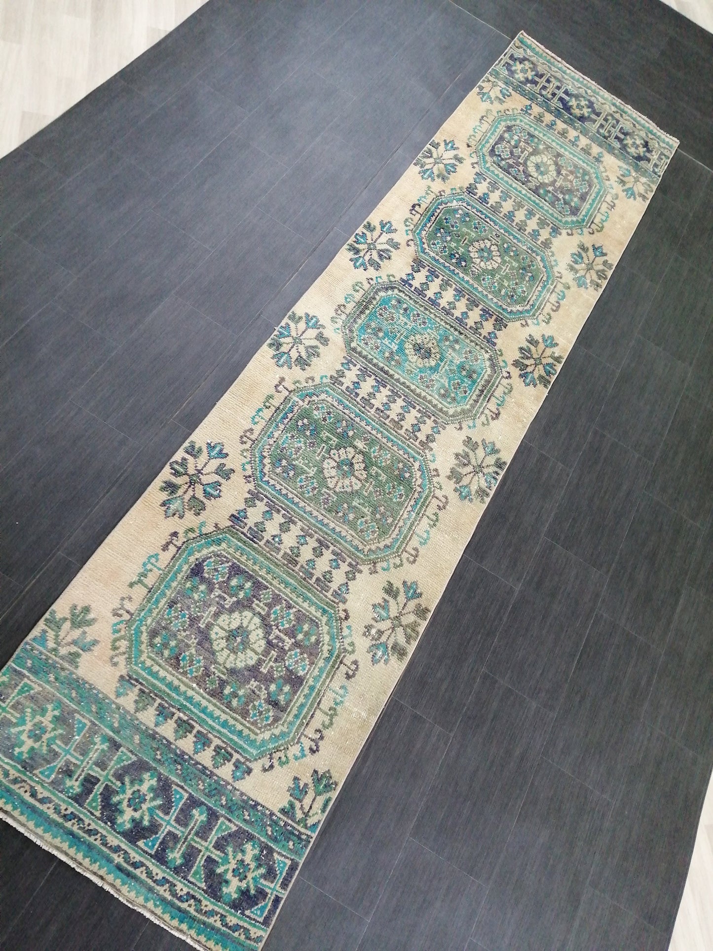Green Blue Beige Oushak Runner Rug 11.8 x 2.8 Turkish Runner Rug Vintage Runner Rug 3x12 Hallway Runner Rug Kitchen Runner Rug Wool Runner