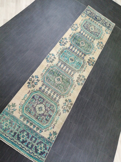 Green Blue Beige Oushak Runner Rug 11.8 x 2.8 Turkish Runner Rug Vintage Runner Rug 3x12 Hallway Runner Rug Kitchen Runner Rug Wool Runner