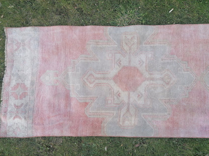 Faded turkish runner rug, 12'3x2'8, soft runner rug, pastel vintage oushak runner rug, kitchen runner rug,hallway runner rug