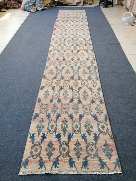 2.5x13 feet turkish runner rug, long vintage oushak runner rug, kitchen floor runner, hallway runner, handmade wool runner, corridor runner