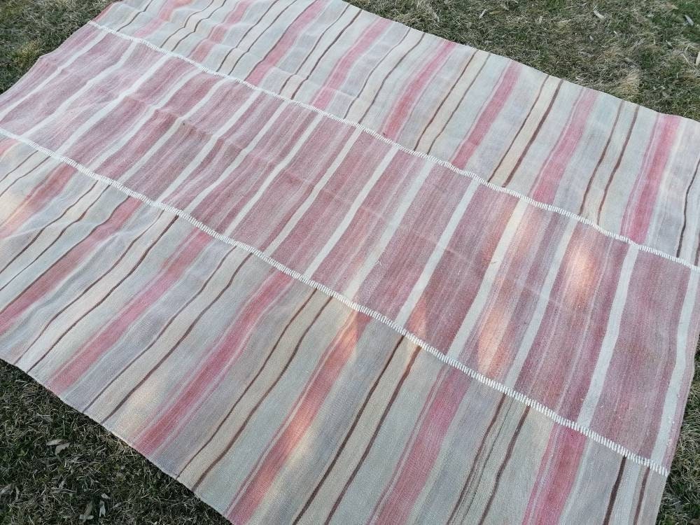 6.5 x 8.5 Flatwoven kilim rug  stripe handmade rugs vintage turkish rugs oushak rug, wool rug