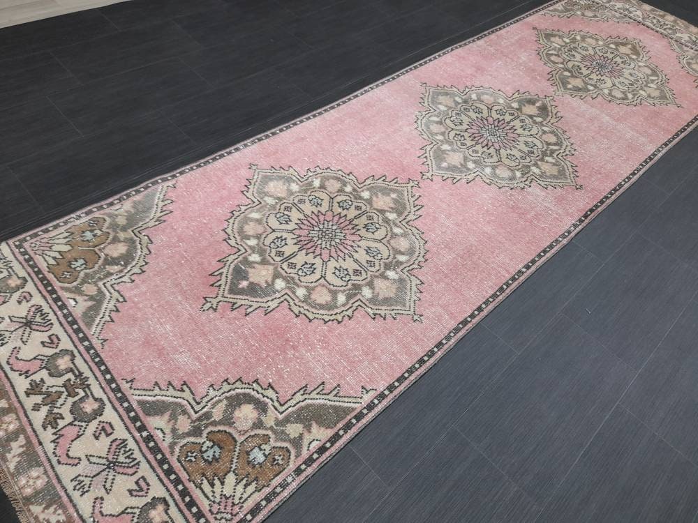 Vintage Runner Rug Muted 3.2 x 11.2 Hand Made Runner Rug Turkish Runner Rug Pink Vintage Runner Rug Hallway Runner Rug Wool Kitchen Runner