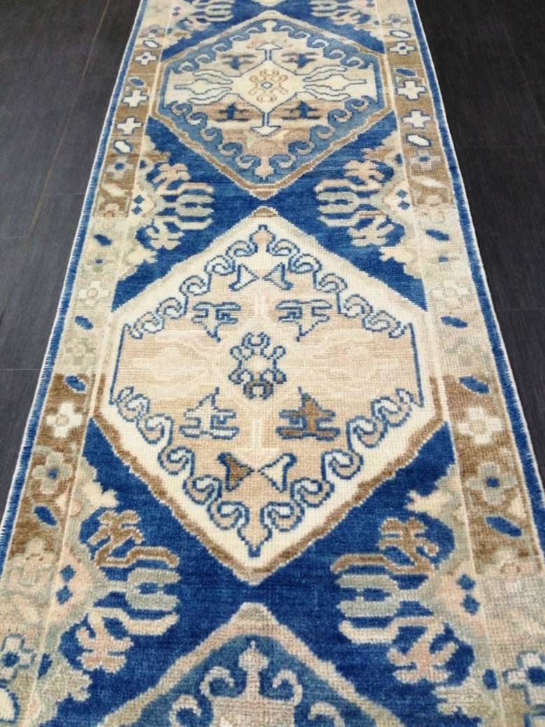 Blue Turkish Oushak Runner 2.8 x 14.5 Turkish Runner Rug XL Vintage Runner Rug Long Hallway Runner Rug Kitchen Runner High Wool Pile Runner