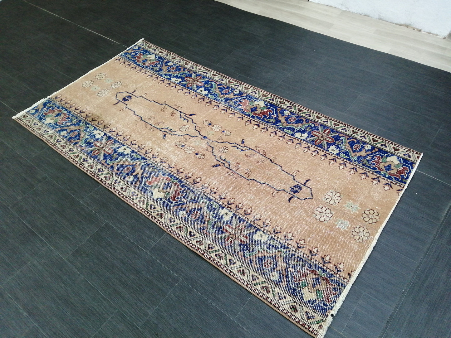 3.7 x 7.2 Blue Runner Rug, Hand Made Rug, Oushak Rug,  Boho Rug, Rug Runner, Turkish Rug, Farmhouse Rug, Vintage Rug, Wool rug Oriental Rug