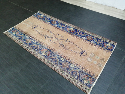 3.7 x 7.2 Blue Runner Rug, Hand Made Rug, Oushak Rug,  Boho Rug, Rug Runner, Turkish Rug, Farmhouse Rug, Vintage Rug, Wool rug Oriental Rug