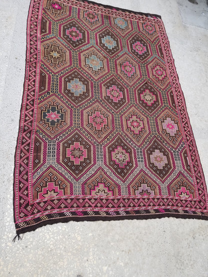 9'5x6'6 flatwoven with embroidery rug, kilim rug, turkish hand made rugs vintage turkish rugs oushak rug vintage oushak rug, wool rug