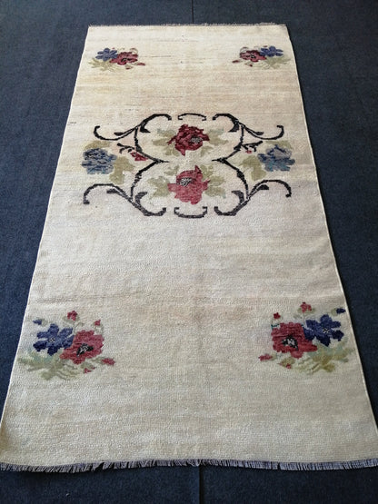 Floral OUSHAK RUG TURKISH 6.3 x 3.2 Oushak Rug Vintage Oushak Runner Rug Vintage Runner Rug Wool  Hand Made Rugs Vintage Turkish Rug
