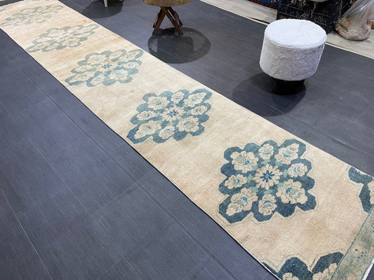 Muted Hand Knotted 2.4 x 13.2 Rug Vintage Runner Oushak Runner Rug Turkish Runner Soft Colors Runner Star Kitchen Runner Natural Wool Runner