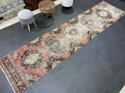 Turkish Distressed Runner Rug, Persian Runner 3 x 12 Rug, Vintage Runner Rug, Hallway Runner Rug,  Kitchen Runner Rug, Wool Runner Rug