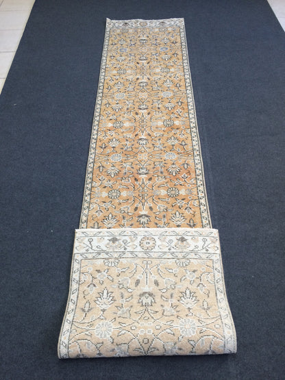Hand Knotted Runner Rug, Vintage 2x10 Runner Rug,Handmade Oushak Runner Rug,Distressed Runner Rug, Antique Runner Rug.