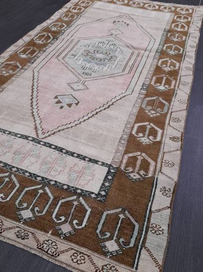 Turkish Rug Pink and Brown Oushak Rugs 3.5 x 6.2 Rug Wool Oriental Rug Hand Knotted Rug Small Farmhouse Rug, Vintage Rug Hand Made Rug