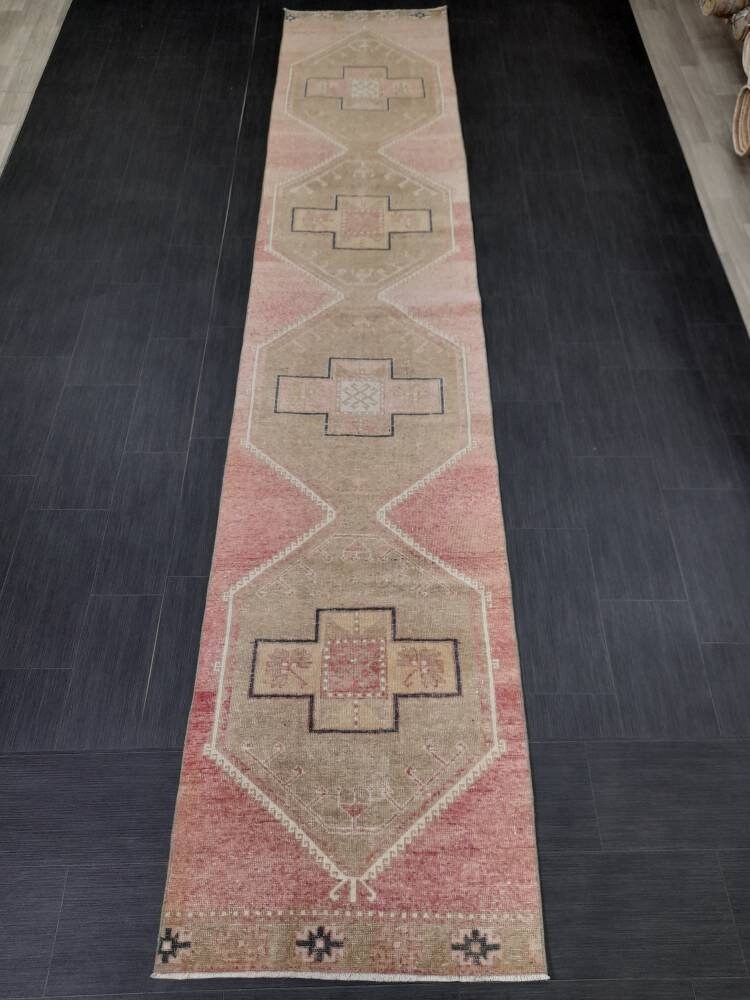 Pink Vintage Runner Rug 2.7 x 13.8 Long Turkish Runner Rug Oushak Runner Oriental Kitche RUNNER Rug Varigated Blush Rug Hallway RUG Runner